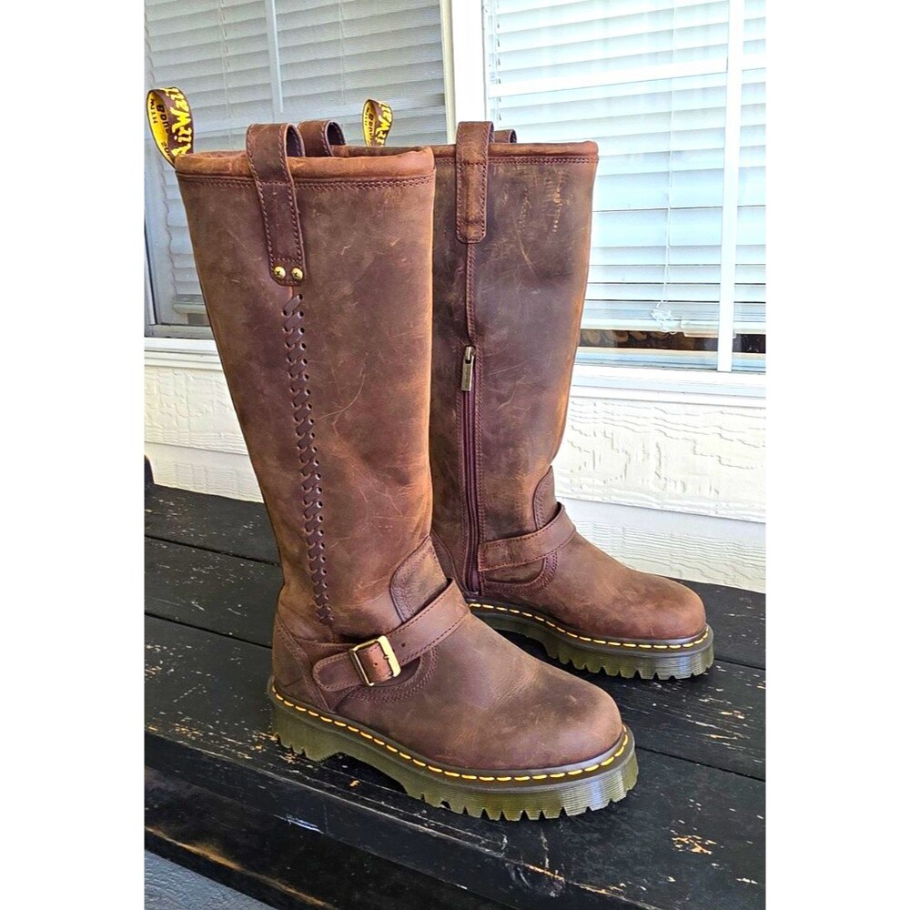 Dr. Martens Anistone Brown Leather Knee High Biker Boots, US 8 Womens, 7 Men